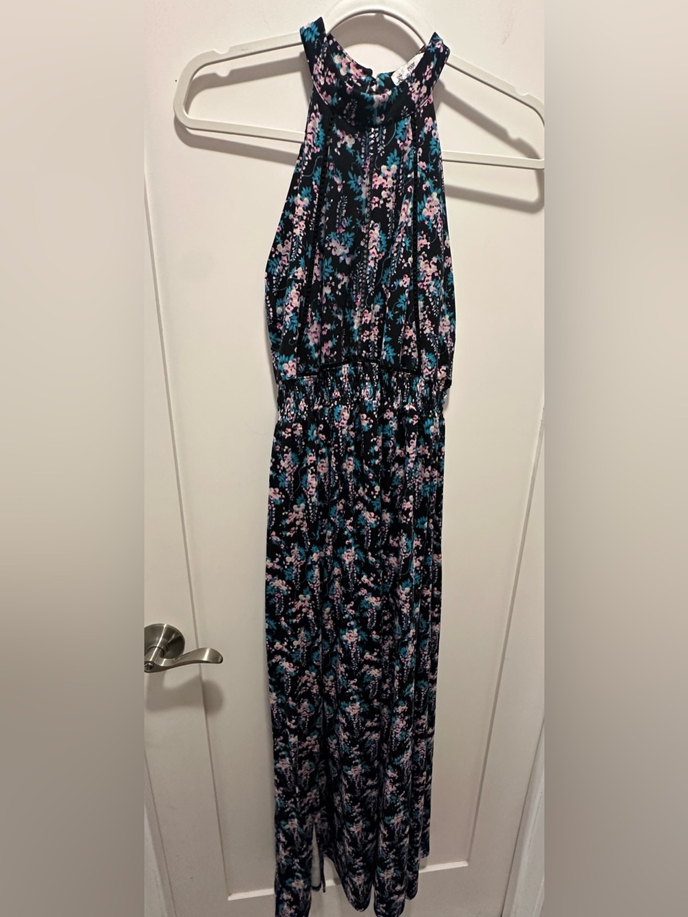 Poof! Black Floral Maxi with Pink & Teal Accents stretches
